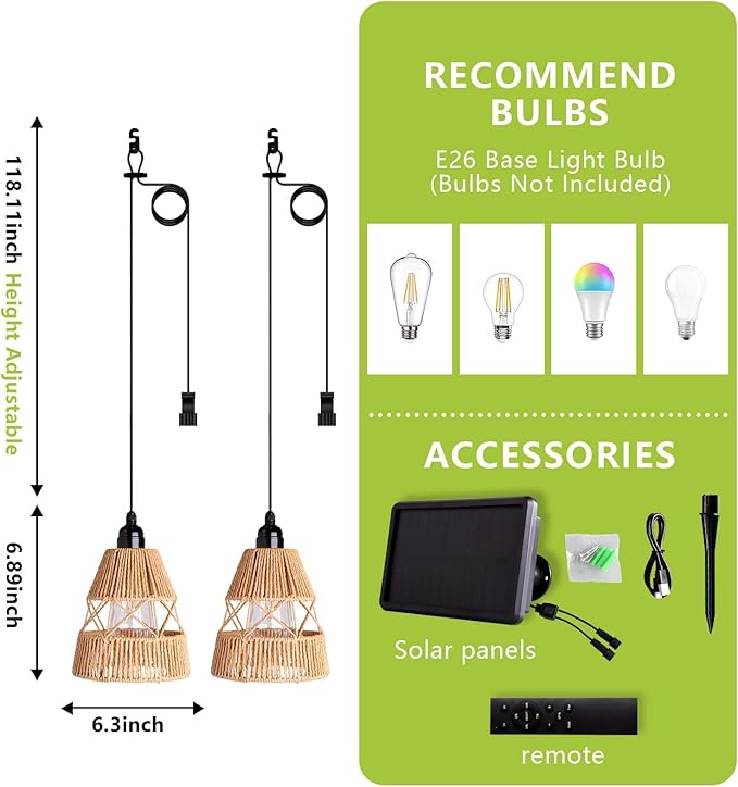 Solar Chandelier Outdoor, Solar Pendant Light with Remote Control, Waterproof IP65 Dimmable Hanging Lights for Patio, Porch, Garden, Gazebo, Balcony