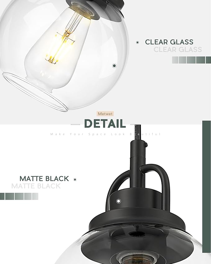 Pendant Lights Kitchen Island, 7" Matte Black Pendant Light Fixtures Over Island with Globe Clear Glass Shade, Farmhouse Hanging Lights for Dining Room Entryway, PL125-MB-1PK