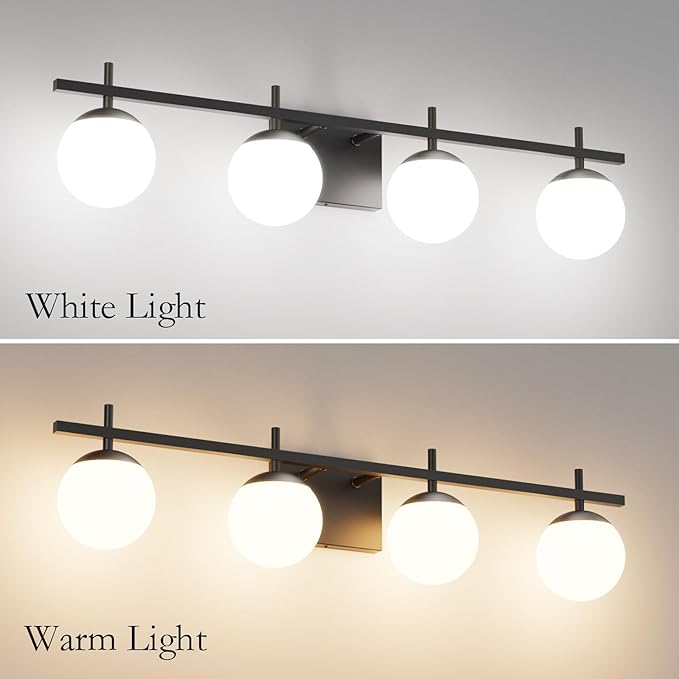 Ralbay Black Vanity Lights for Bathroom Milky Glass Mid Century Modern Bathroom Vanity Wall Light Over Mirror, Black 4-Lights