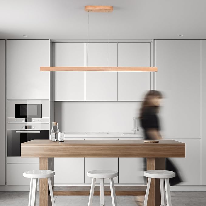 Wooden Linear Pendant Light 47" LED Pendant Light Dimmable Pool Table Island Lights Modern Linear Chandeliers for Dining Room Kitchen Ceiling Pendant Lamp for Dining Room Billiard Room Natural