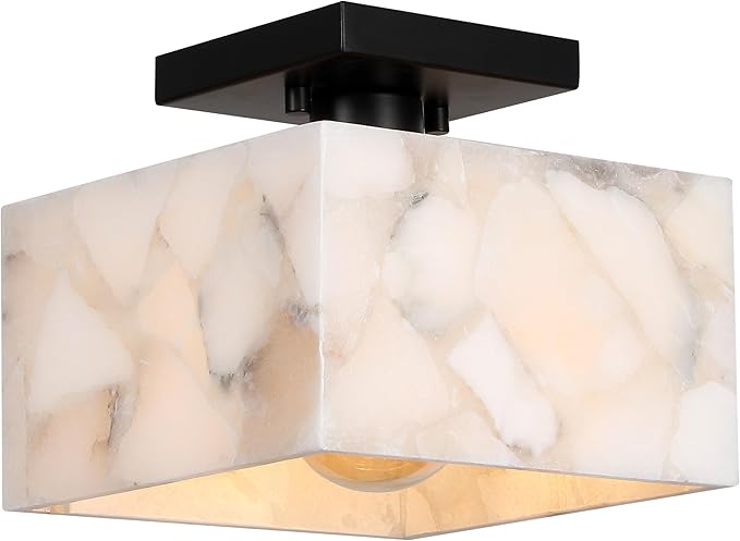 JONATHAN Y 8" White Marbling/Black Modern 1-Light Semi Flush Mount Ceiling Light for Bedroom, Cube White Alabaster Marble Shade, Mid-Century Minimalist Fixture, LED Bulb Included (JYL1203B)