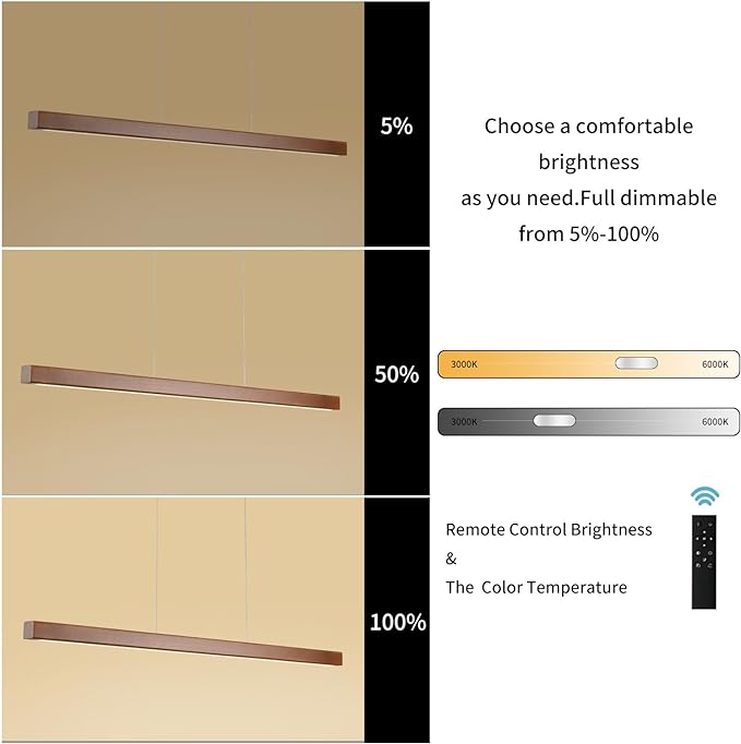 55 Inch Wood Linear Pendant Light Dimmable LED Kitchen Island Lighting with Remote Adjustable Hanging Chandelier for Dining Room Bar Pool Table 30W Modern Farmhouse Fixture Walnut Color