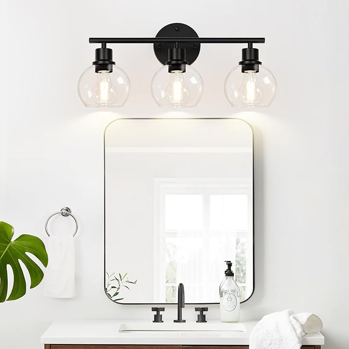 Indoi 3-Light Bathroom Light Fixtures, Black Bathroom Lights Over Mirror with Clear Glass Globe Shade, Vanity Lights for Bathroom Kitchen Living Room Hallway Cabinet Bedroom Porch.