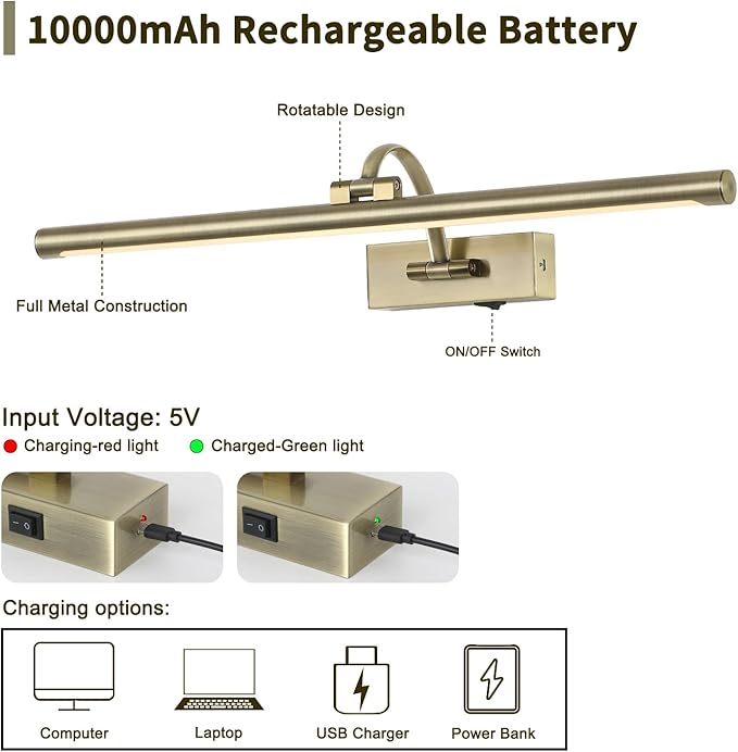 DESOOP Wireless Picture Lights Rechargeable Gallery Lighting Battery Picture Frame Light with Remote and Timer, Adjustable Art Light for Paintings, Portraits, Antique Bronze Finish 24'' Inch 5W 2700K