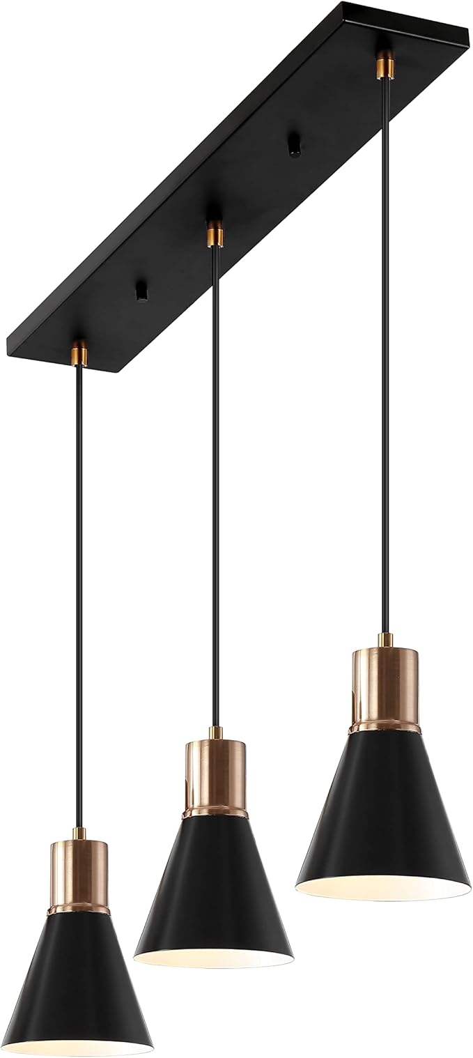 JONATHAN Y 33.5" Black/Brass Gold Apollo Mid-Century Modern Iron LED Pendant, Black Metal Shade, Adjustable Hanging Ceiling Light for Kitchen Island, Hallway, LED Bulb Included (JYL6134A)