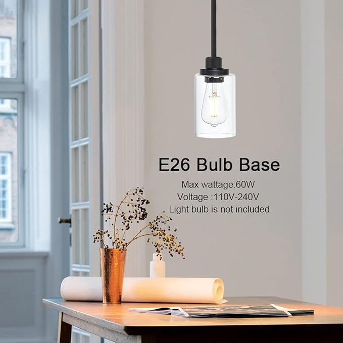 TODOLUZ Black Industrial Pendant Light Fixtures, Kitchen Hanging Lighting with Clear Glass Cylinder Shade for Farmhouse Dining Room Coffee Bar Bedroom