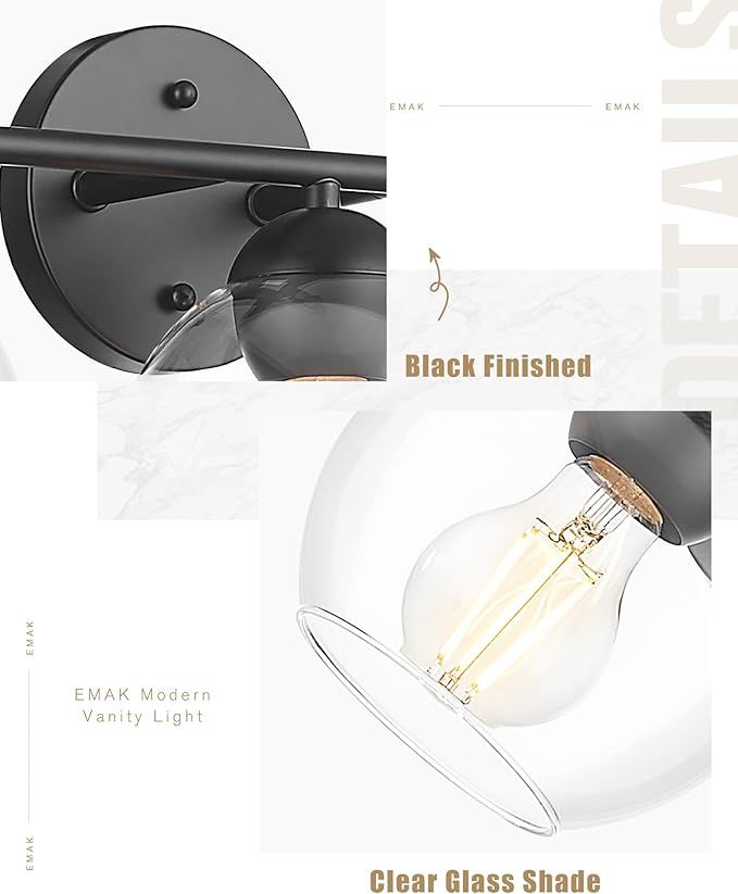 Emak 37 Inch Black Bathroom Light Fixtures Over Mirror, Modern 5-Light Vanity Lights with Clear Glass Shade, Farmhouse Globe Vanity Light for Bathroom, VL114-BK-CG-5