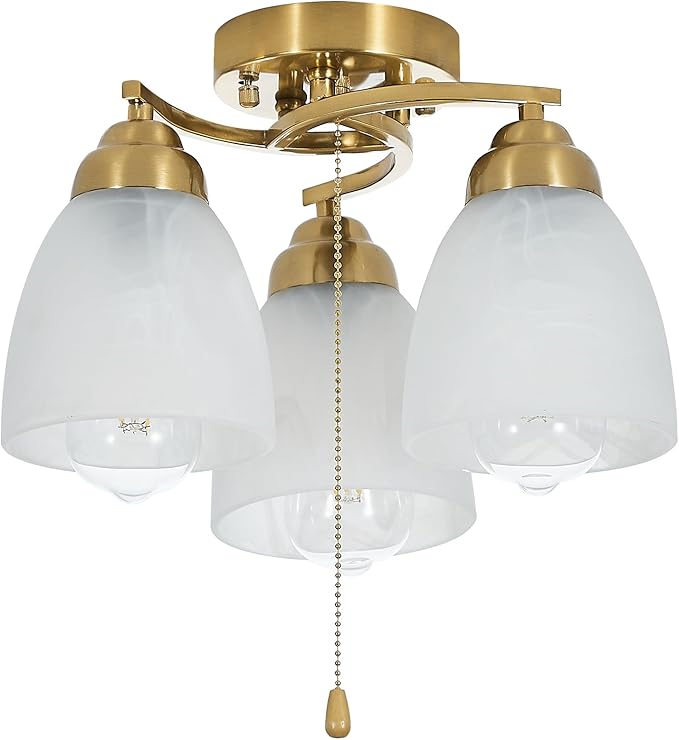 3-Light Flush Mount Ceiling Light with Pull Chain, Modern Golden Lighting Fixtures with Alabaster Glass for Kitchen Island Dining Room Bedroom Farmhouse Foyer Hallway