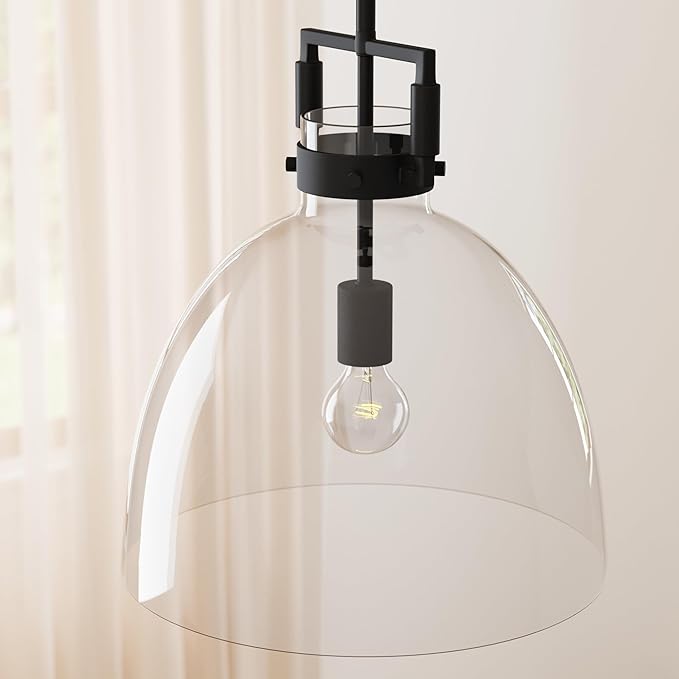 Nathan James Leigh Pendant Lighting, Black Hanging Ceiling Light with Oversized Glass Shade and Adjustable Cord, for Kitchen Island or Entryway, Matte Black/Clear, Set of 2