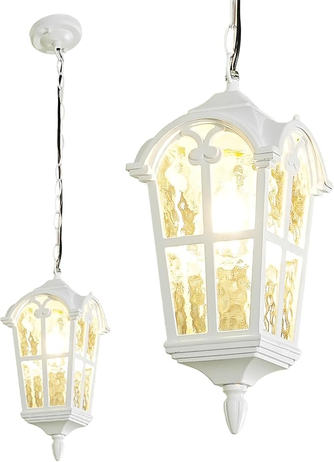 Outdoor Pendant Light for Porch Patio Garden Yard, Anti-Rust Aluminium Exterior Hanging Light Fixtures, Outside White Vintage Hanging Ceiling Light, Height Adjustable Outdoor Pendant Lamp