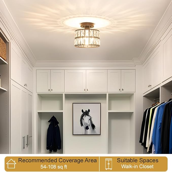 Crystal Ceiling Light Fixture, Modern Matte Black Crystal Chandelier, Small Semi Flush Mount Ceiling Lighting, Round Hallway Lighting for Kitchen Entryway Bedroom Bathroom, 1-Light, 9 Inch