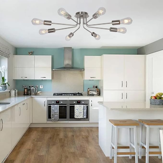 Mid Century 8 Light Chandelier Modern Ceiling Lighting Brushed Nickel Semi Flush Mount Ceiling Lights Fixture Used for Kitchen Dining Room Living Room