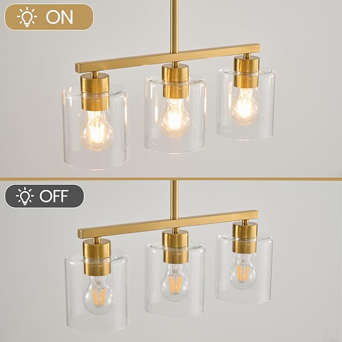 3-Light Gold Kitchen Island Lighting, Gold Pendant Light Fixture, Farmhouse Dining Room Light Fixtures Over Table, Modern Hanging Light Fixtures with Clear Glass, E26 Base, Bulbs Not Included