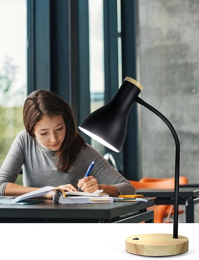 LALISU Metal Desk Lamp Table Lamp Reading Lights Arc Desk Lamps for Bedroom, Wood Base Bedside Lamp with Flexible Gooseneck for Study Room and Office (Wood Base+Black)