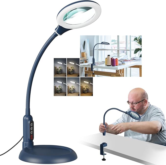 10X Magnifying Glass with Light and Stand, LED 5 Color Modes, Brightness Stepless Dimming Lighted Magnifier Hands Free, Flexible Gooseneck Desk Lamp with Clamp for Close Works, Crafts, Hobby - Blue