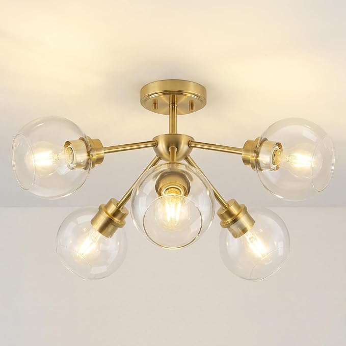 6-Light Semi Flush Mount Ceiling Light, 22" Modern Light Fixtures Ceiling Mount with Globe Clear Glass Shade, Brushed Gold Light Fixtures for Kitchen Entryway Bedroom, SM195-BG-6