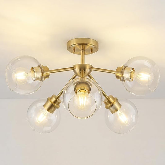 6-Light Semi Flush Mount Ceiling Light, 22" Modern Light Fixtures Ceiling Mount with Globe Clear Glass Shade, Brushed Gold Light Fixtures for Kitchen Entryway Bedroom, SM195-BG-6