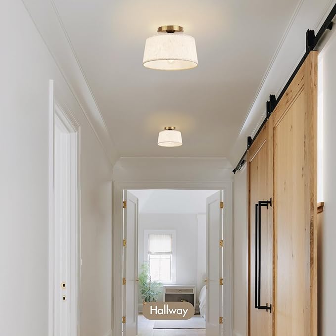 2P Modern Ceiling Light Fixture, 10 Inch Semi Flush Mount Lamp with Linen Shade, E26 Base, Gold for Kitchen Bedroom Hallway Closet Entryway Room Small Spaces, 2 Pack