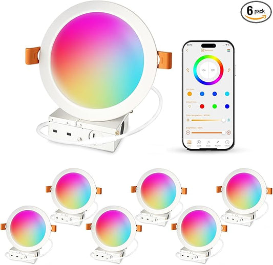 ILC 6 inch led recessed Light, Work with Alexa (Hub Required), App Controlled, RGB Color Changing, 16 Million Colors, CCT: 2700K-6000K, 14W, 120W Equivatlent, 1400LM, CRI 90, Bluetooth Mesh, 6 Packs