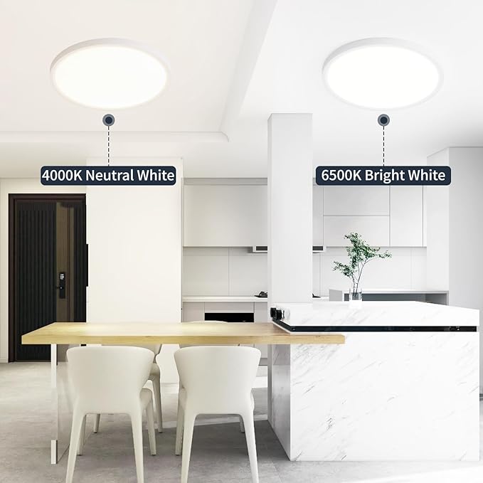 9 Inch Flush Mount Ceiling Light, 5 Color Adjustable Slim 18W 1800LM 2700K-6500K Wired LED Fixture, Modern Low Profile LED Ceiling Lamp for Hallways, Kitchen, Bedroom, Closets, Bathroom, Round, White