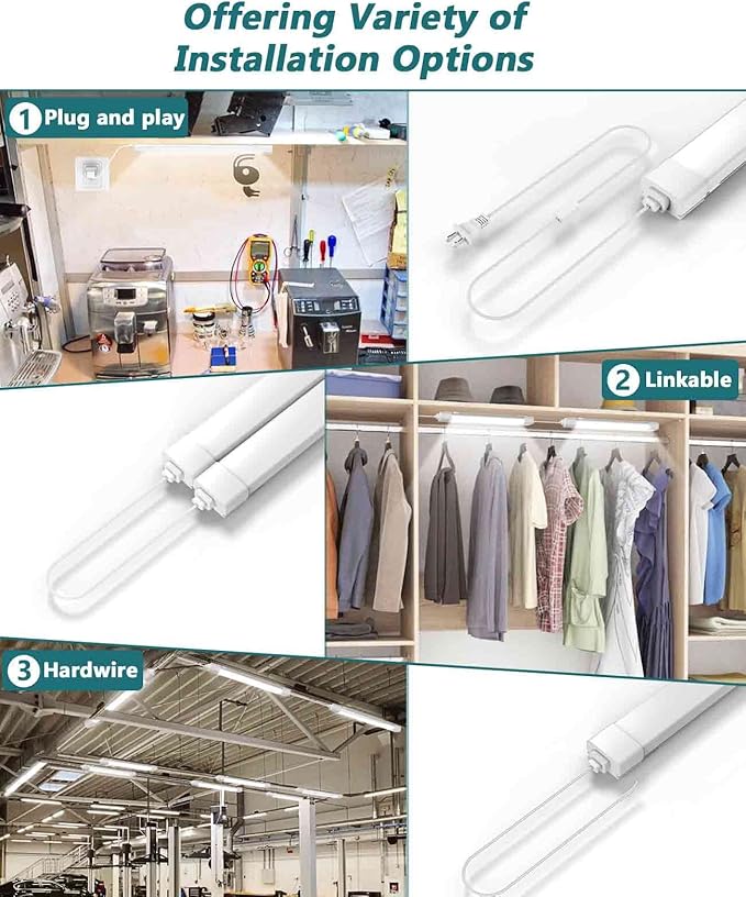 WNSNOU 2 Pack Plug-in LED Shop Light, 4FT Tube, IP66 Waterproof and Linkable, 36W With Cord, 5000K Ceiling/Closet, 4000LM Under Cabinet for Room Garage