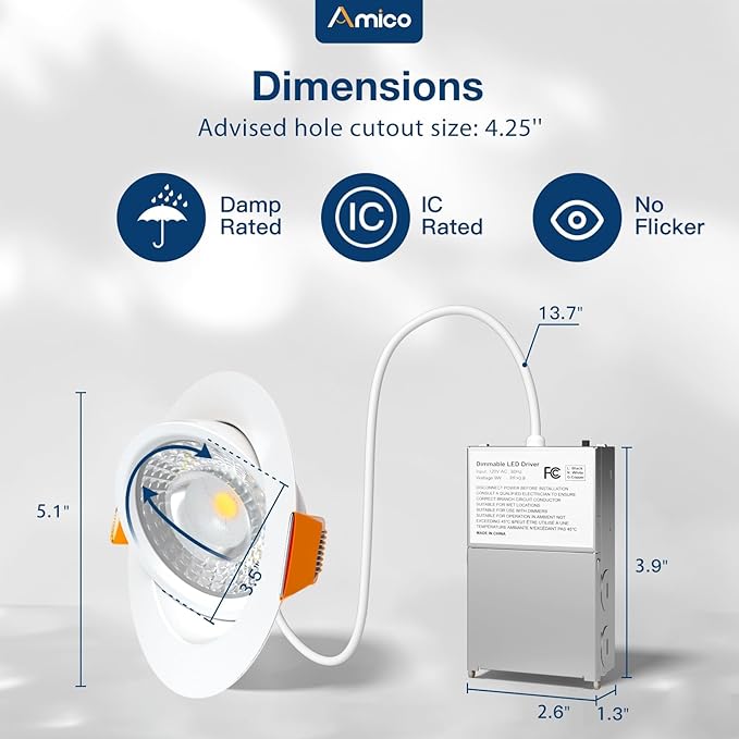 Amico 4 Pack 4 Inch 5CCT Gimbal LED Recessed Lighting, 360°&90° Adjustable Eyeball Directional Downlight, Dimmable, 2700K/3000K/3500K/4000K/5000K Selectable, CRI90+ 9W 700LM, ETL&FCC