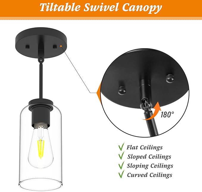 Zevluck Pendant Light Fixtures, Matte Black Pendant Lighting with 5 Adjustable Tubes, Hanging Light Fixtures with Clear Glass Shade, Tiltable Pendant Lighting for Kitchen Island, Dining Room, Bathroom