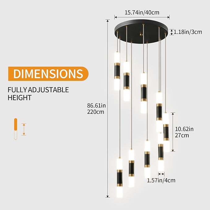 9-Light Chandelier LED 54W Dimmable Chandeliers for Entryway Pendant Light Fixture Chandeliers for Staircase Lobby Black Gold Lighting Modern High Ceiling Chandelier