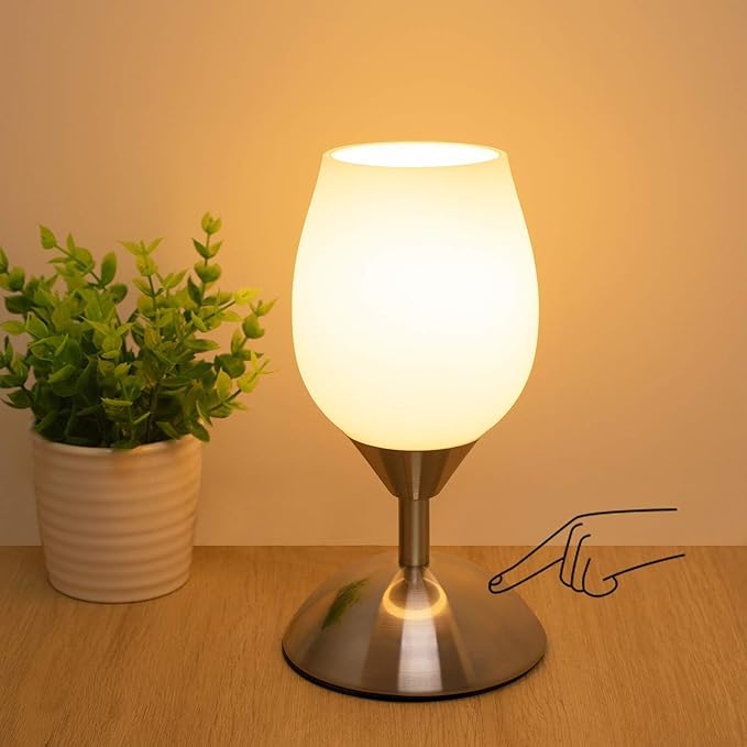 Boncoo Small Touch Lamp for Bedroom Nightstand, 3-Way Dimmable Bedside Lamps Opal Glass Desk Lamp Silver Base, Tiny Table Lamp for Small Spaces Ambient Lighting for Living Room, E12 Bulb Included