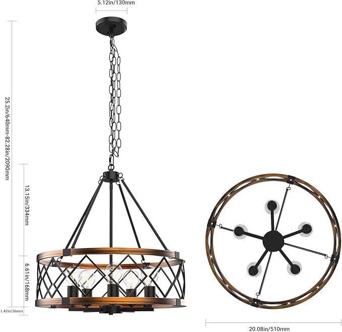 5-Light Black and Gold Chandelier, Farmhouse Industrial Pendant Light Adjustable Height Metal Hanging Fixture E26 Base for Kitchen Island, Dining Room, Living Room