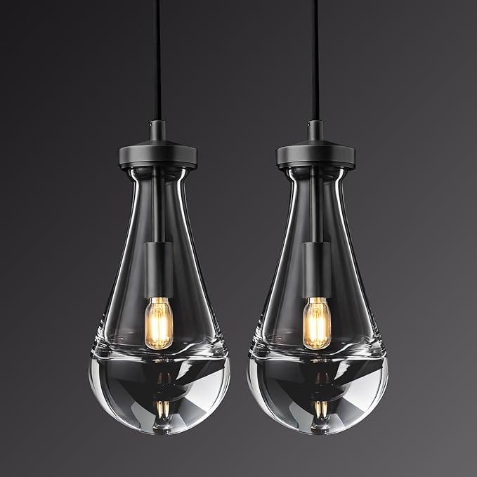 Raindrop Pendant Lights Kitchen Island Set of 2, Black Rain Pendant Island Light DimmableTeardrop Pendant Lights Dining Room Height Adjustable Glass Waterdrop Pendant Light, E12 Bulb Included