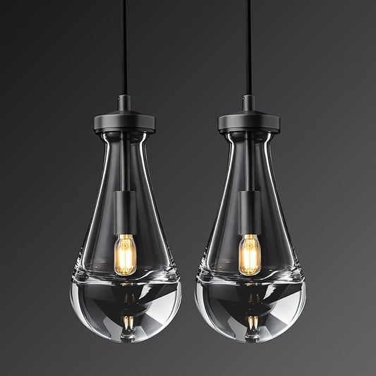 Raindrop Pendant Lights Kitchen Island Set of 2, Black Rain Pendant Island Light DimmableTeardrop Pendant Lights Dining Room Height Adjustable Glass Waterdrop Pendant Light, E12 Bulb Included