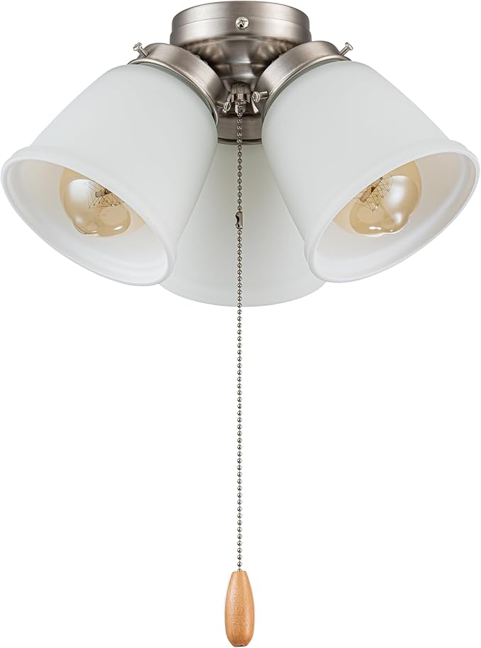 Aspen Creative 22011-2, Three-Light Ceiling Fan Light Kit with Pull Chain, Brushed Nickel Finish with Frosted Glass Shades, 13" Diameter x 6-3/4" Height