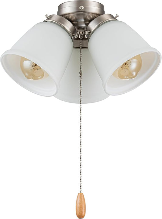 Aspen Creative 22011-2, Three-Light Ceiling Fan Light Kit with Pull Chain, Brushed Nickel Finish with Frosted Glass Shades, 13" Diameter x 6-3/4" Height