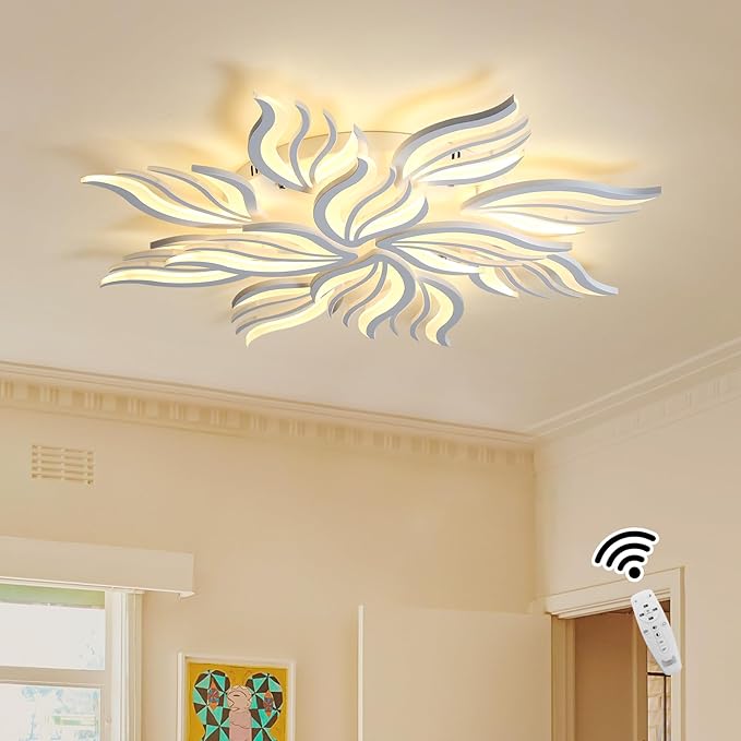 Becailyer Modern Ceiling Light, 40.5" LED Flush Mount Flower Ceiling Lamp, 12-Petals 100W Dimmable Remote Control Close to Ceiling Light Fixtures for Living Room Bedroom Dining Room Kitchen, White