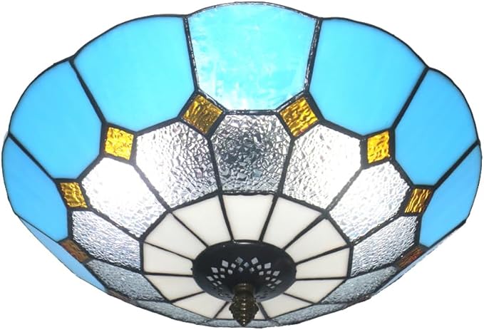 12 Inch Tiffany Style Vintage Stained Glass Ceiling Light Flush Mount Ceiling Light Pendent Chandelier Lighing Fixtures (12 Inch Blue B)