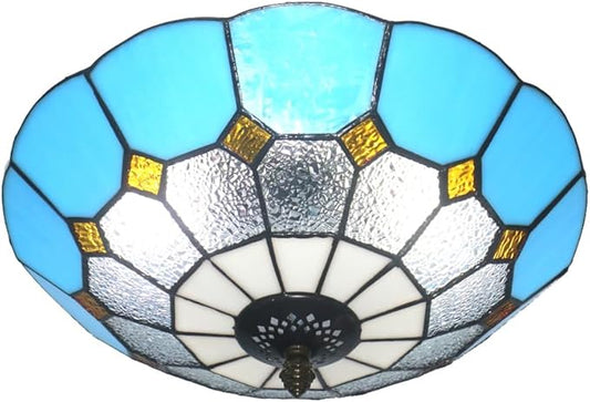 12 Inch Tiffany Style Vintage Stained Glass Ceiling Light Flush Mount Ceiling Light Pendent Chandelier Lighing Fixtures (12 Inch Blue B)