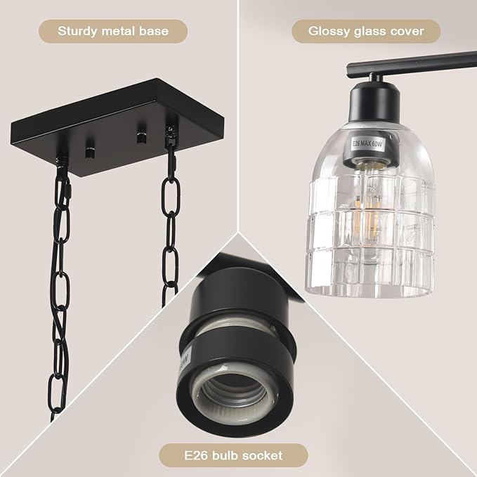 FRIXCHUR Black Kitchen Island Lighting, 3-Light Linear Chandelier with Clear Glass Shades, Modern Pendant Light for Dining Room & Kitchen, Adjustable Height, E26 Bulb Compatible, Metal in Black