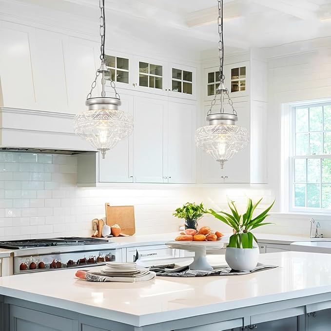 Vintage Pendant Light - Brushed Nickel Pendant Lights Kitchen Island with Floral Glass, Hanging Lighting Fixtures with Adjustable Hanging Chain for Kitchen, Island, Dining Room, Entryway