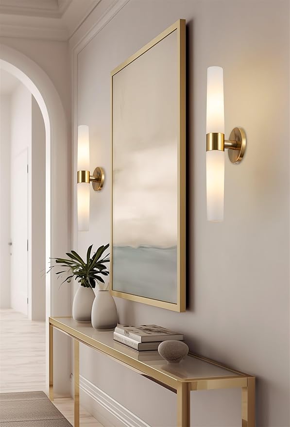 Kira Home Duo 21" Modern Gold Wall Sconce with Frosted Glass Cylinder Shades, Linear 2-Light Gold Wall Light, Cool Brass Finish
