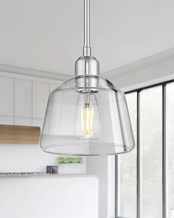 2-Pack Pendant Lights Kitchen Island, 7.5" Hanging Light Fixture with Clear Glass Shade and Adjustable Chain, Farmhouse Kitchen Island Lighting for Dining Room, Brushed Nickel, PL187-BN-2PK