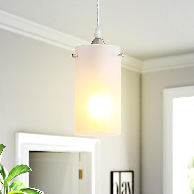 1-Light Mini Pendant Light Fixtures, Modern Chandelier Hanging Ceiling Light with White Frosted Shade, Brushed Nickel Pendant Lighting Adjustable Height, 2 Pack