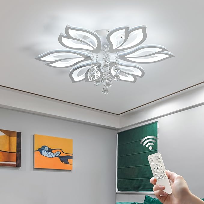 Garwarm Modern Ceiling Light,27.1" LED Dimmable Chandelier Light Fixture,56W Flower Flush Mount Ceiling Lamp for Dining Room Living Room Bedroom Kitchen Office Entryway Hallway Lighting Fixture,White