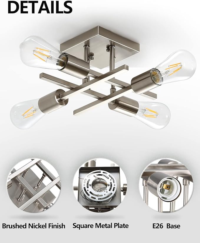4-Light Semi Flush Mount Ceiling Light, Modern Brushed Nickel Close to Ceiling Light Fixtures, Easy Assembled, House Indoor Ceiling Lights for Bedroom Living Room Entryway