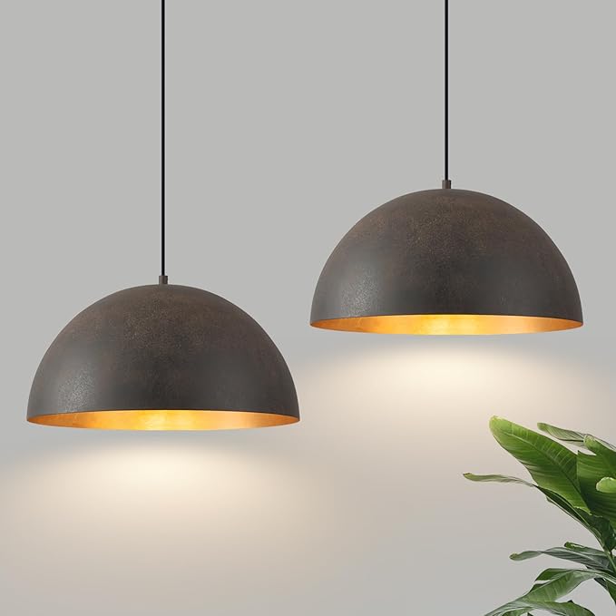 Farmhouse Pendant Light,15.7" Black with Brown Grain Industrial Dome Light Fixture,Adjustable Vintage Chandelier for Kitchen Island,Dining Room,and Bedroom