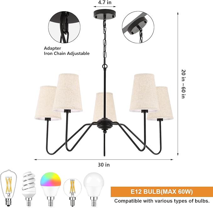 Chandelier with Linen Shade, Black Dining Room Light Fixtures Over Table, Classic Pendant Light Fixtures Ceiling Hanging Lighting for Living Room Bedroom, 5-Arm, 30" Dia