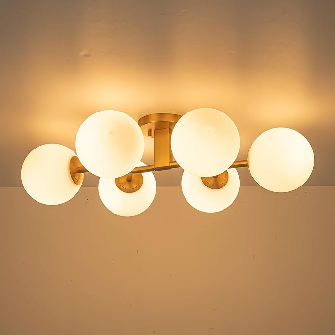 EDISLIVE 6-Light Semi Flush Mount Glass Ceiling Light Milk Globe, 27 in Antique Gold Milk White Glass Sputnik Chandelier MSM Frosted Glass Shade for Bedroom Livingroom Kitchen E12 Bulb