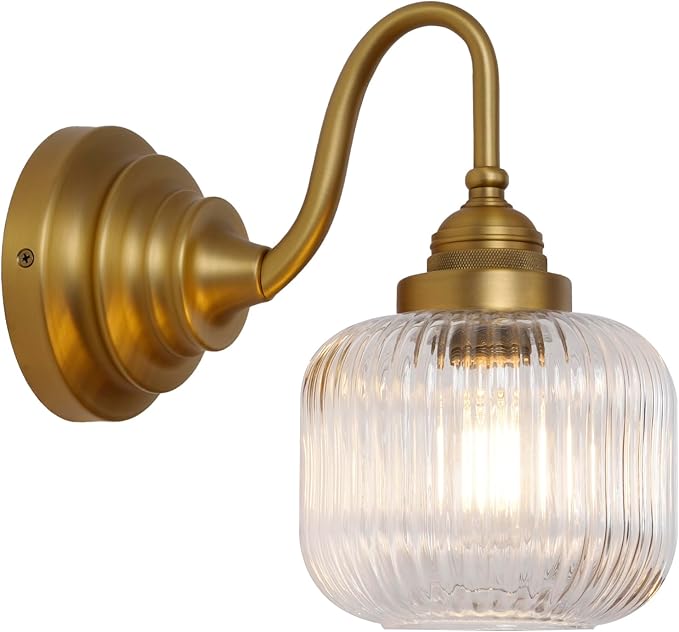 Vintage Industrial Wall Sconce Lighting with Clear Striped Glass Shade, Hardwired Wall Vanity Light Fixture for Bathroom Kitchen Living Room Bedroom Hallway
