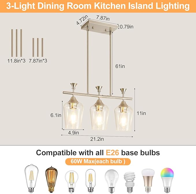 21.2" Dining Room Light Fixture/Chandelier Over Table, 3-Light Brushed Nickel Kitchen Island Lighting with Clear Glass Shade, Modern Hanging Pendant Lights Fixture for Kitchen Island, Dining Room, Bar
