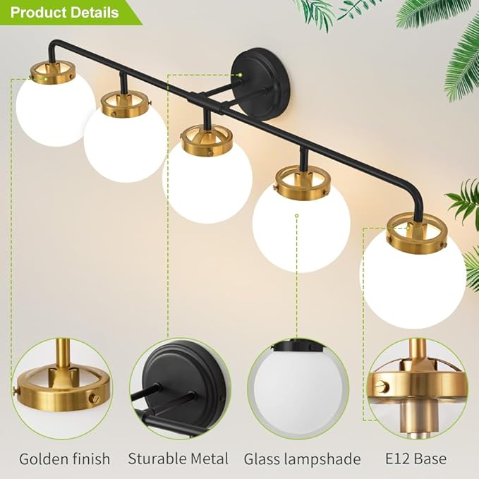 Black Gold Bathroom Light Fixtures Over Mirror, Modern Vanity Lighting with Milk White Glass Globe Shades 5-Light Farmhouse Wall Sconce